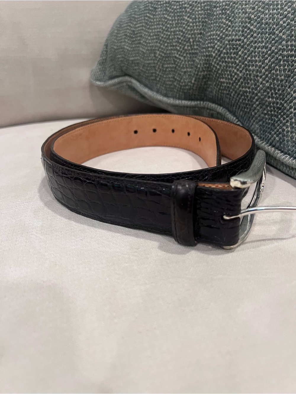 Martin Dingman Dark Brown size 34 Croc-Embossed Leather Belt with Silver Buckle